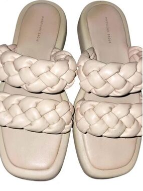 American Eagle Outfitters Cream Braided Double-Strap Slide Sandals